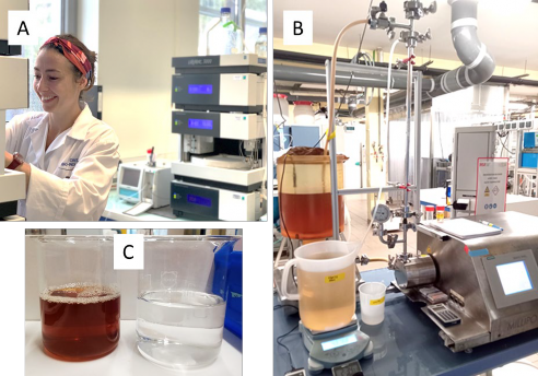 Photo : Méthodologie de réplication — A/ Fanny Allayaud (INSA CRITT Bio-Industries) effectue l'analyse des composés solubles de l'effluent en HPLC ; B/ pilote de MFT utilisé pour corréler composition et flux membranaire ; C/ Rétentat de nanofiltration à gauche et perméat de nanofiltration à droite.