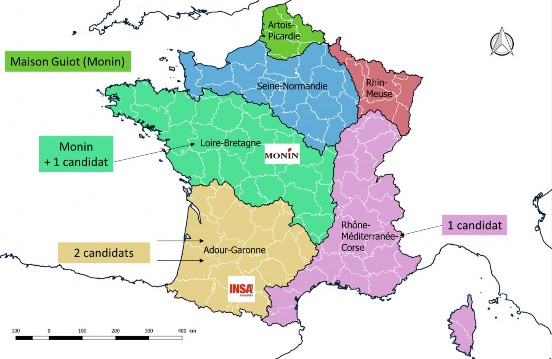Carte hydrographique des bassins et entreprises candidates pour l'étude de réplicabilité. Un minimum de 6 effluents constituera la base de données Zeus.